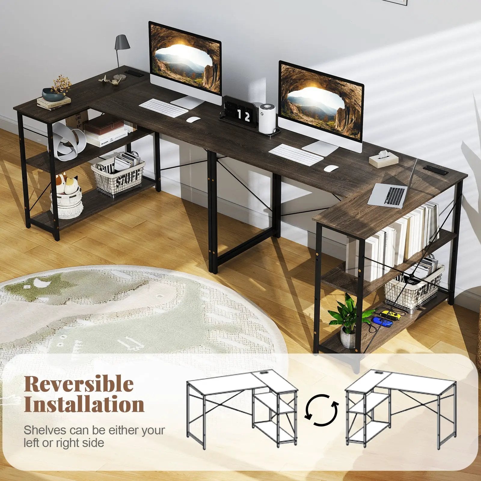 48 Inch Reversible L Shaped Computer Desk with Adjustable Shelf by DirectDeals