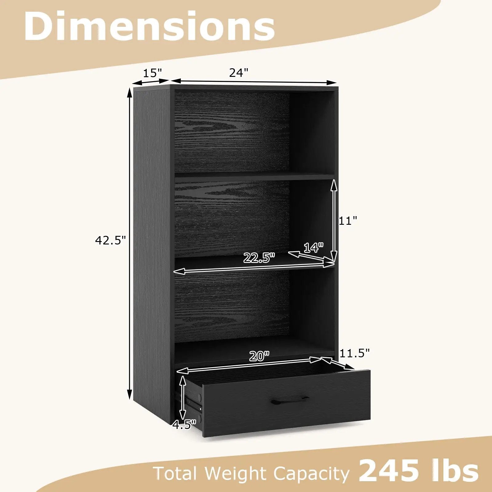 48 Inch Tall 4 Tiers Wood Bookcase with Drawer-Gray by DirectDeals