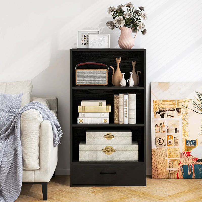 48 Inch Tall 4 Tiers Wood Bookcase with Drawer-Gray by DirectDeals
