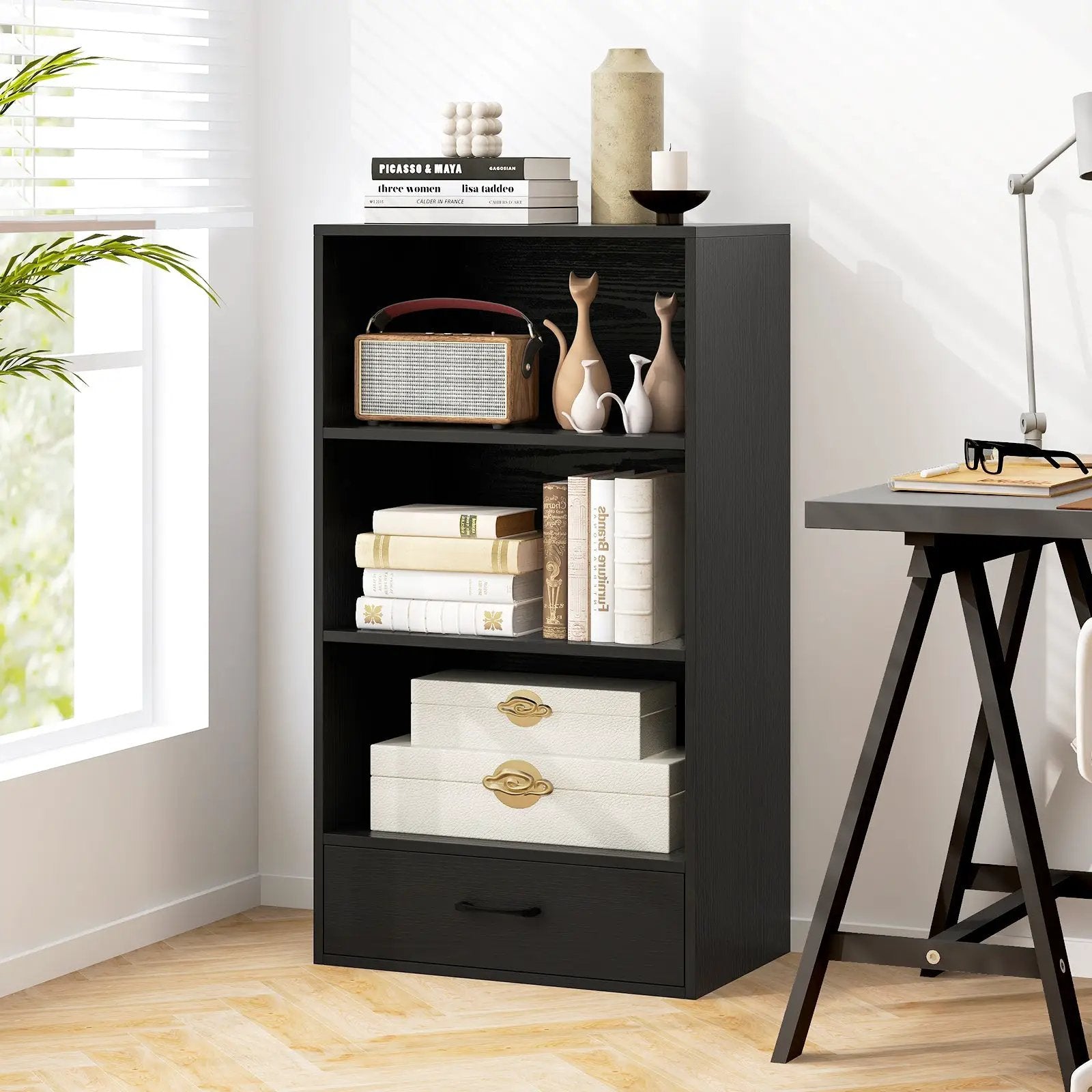 48 Inch Tall 4 Tiers Wood Bookcase with Drawer-Gray by DirectDeals