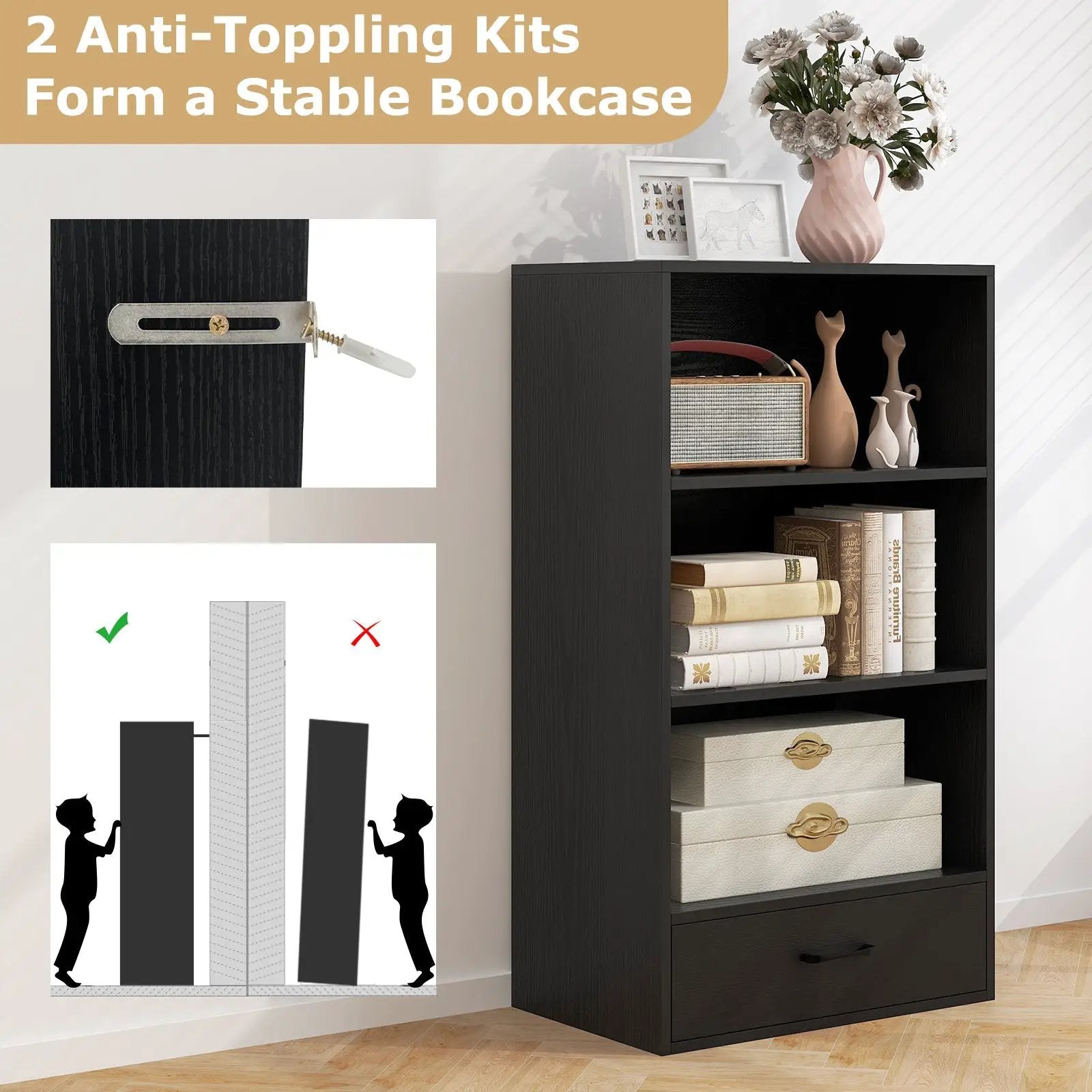 48 Inch Tall 4 Tiers Wood Bookcase with Drawer-Gray by DirectDeals