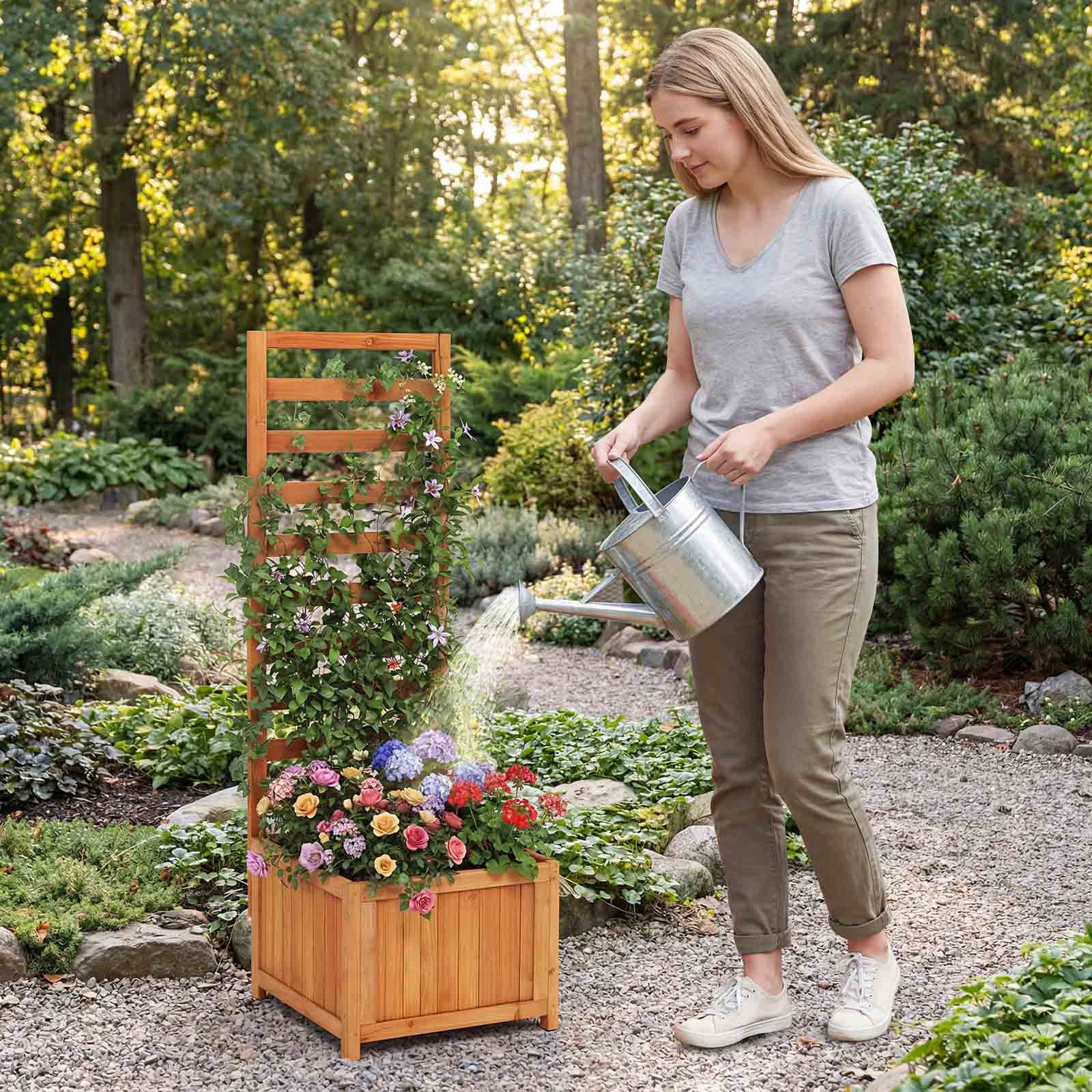 48 Inch Wood Raised Garden Bed with Trellis with Drainage Holes-Natural by DirectDeals