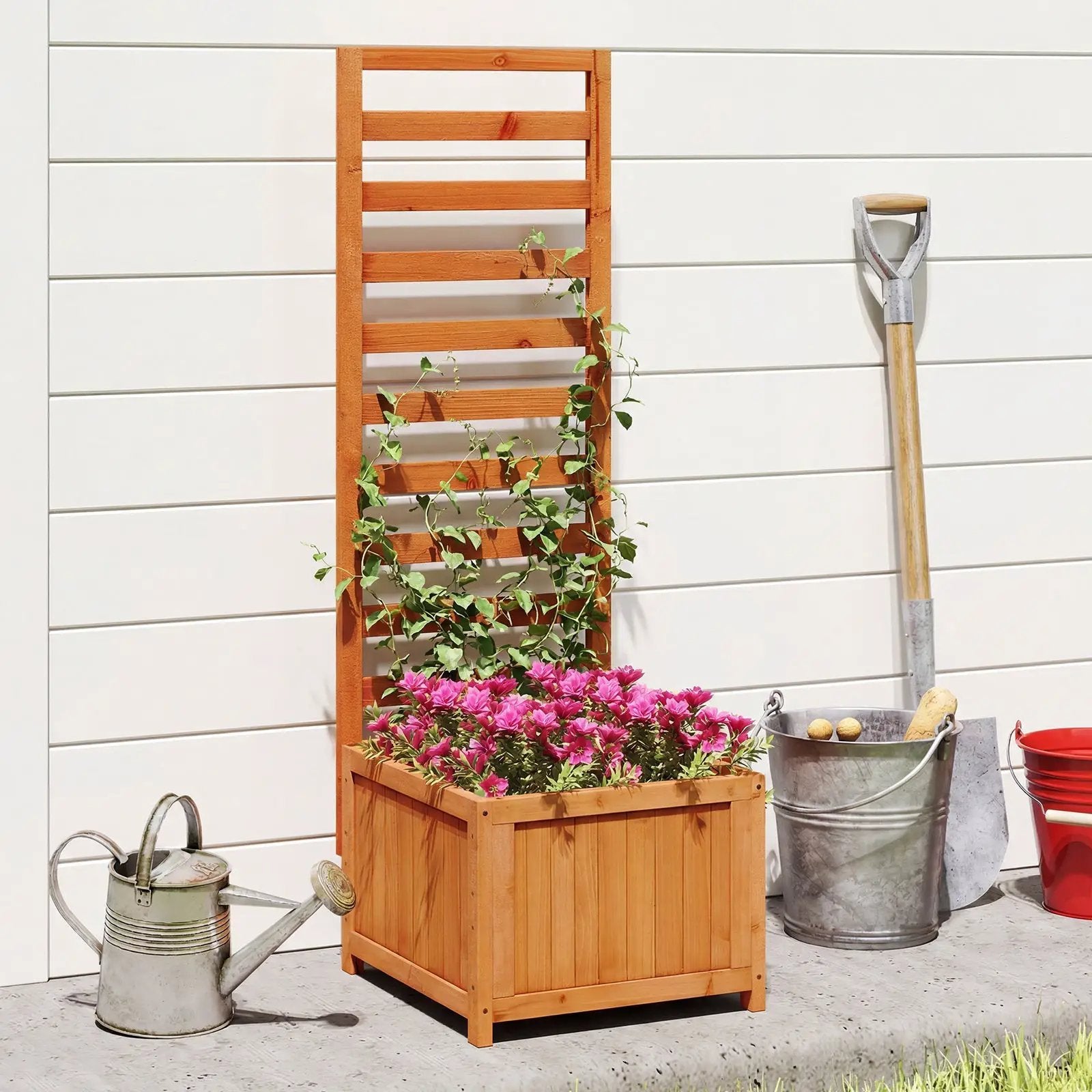48 Inch Wood Raised Garden Bed with Trellis with Drainage Holes-Natural by DirectDeals