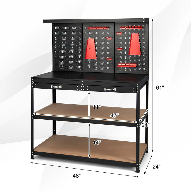 48 Inch Workbench with Pegboard and Drawers-Black by DirectDeals