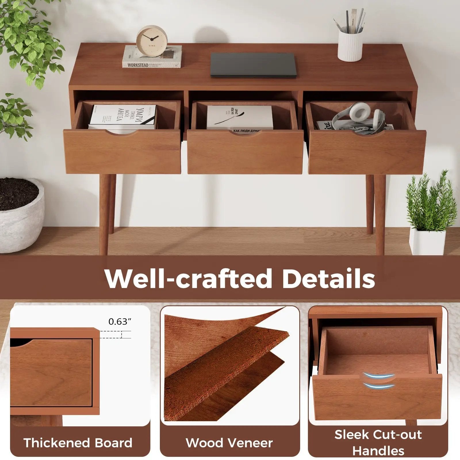 48 Inch Writing Computer Desk with 3 Drawers Solid Wood Legs-Walnut by DirectDeals