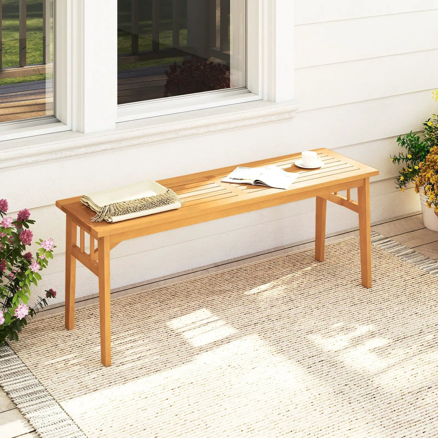 48 Inches Acacia Wood Bench with Breathable Slat Seat and Stable Triangular Structure by DirectDeals