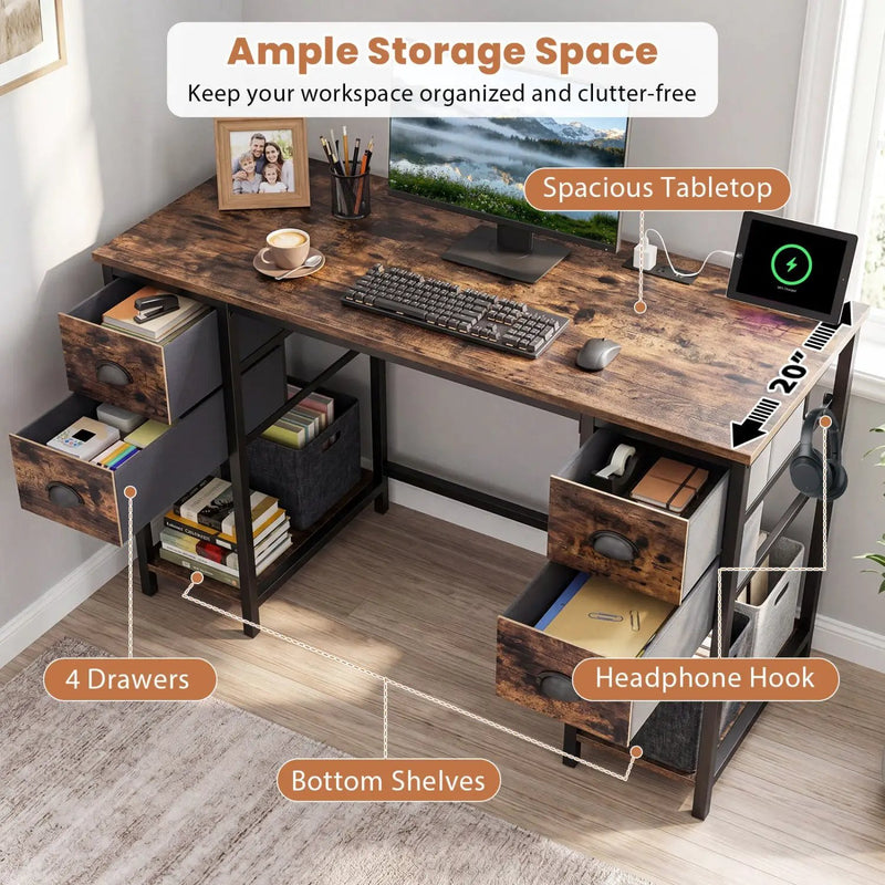 48-Inch Computer Desk with Power Outlet & 4 Fabric Drawers by DirectDeals