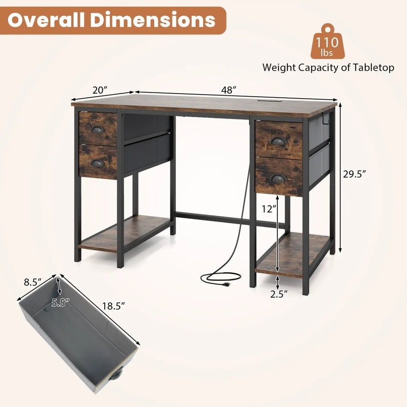 48-Inch Computer Desk with Power Outlet & 4 Fabric Drawers by DirectDeals