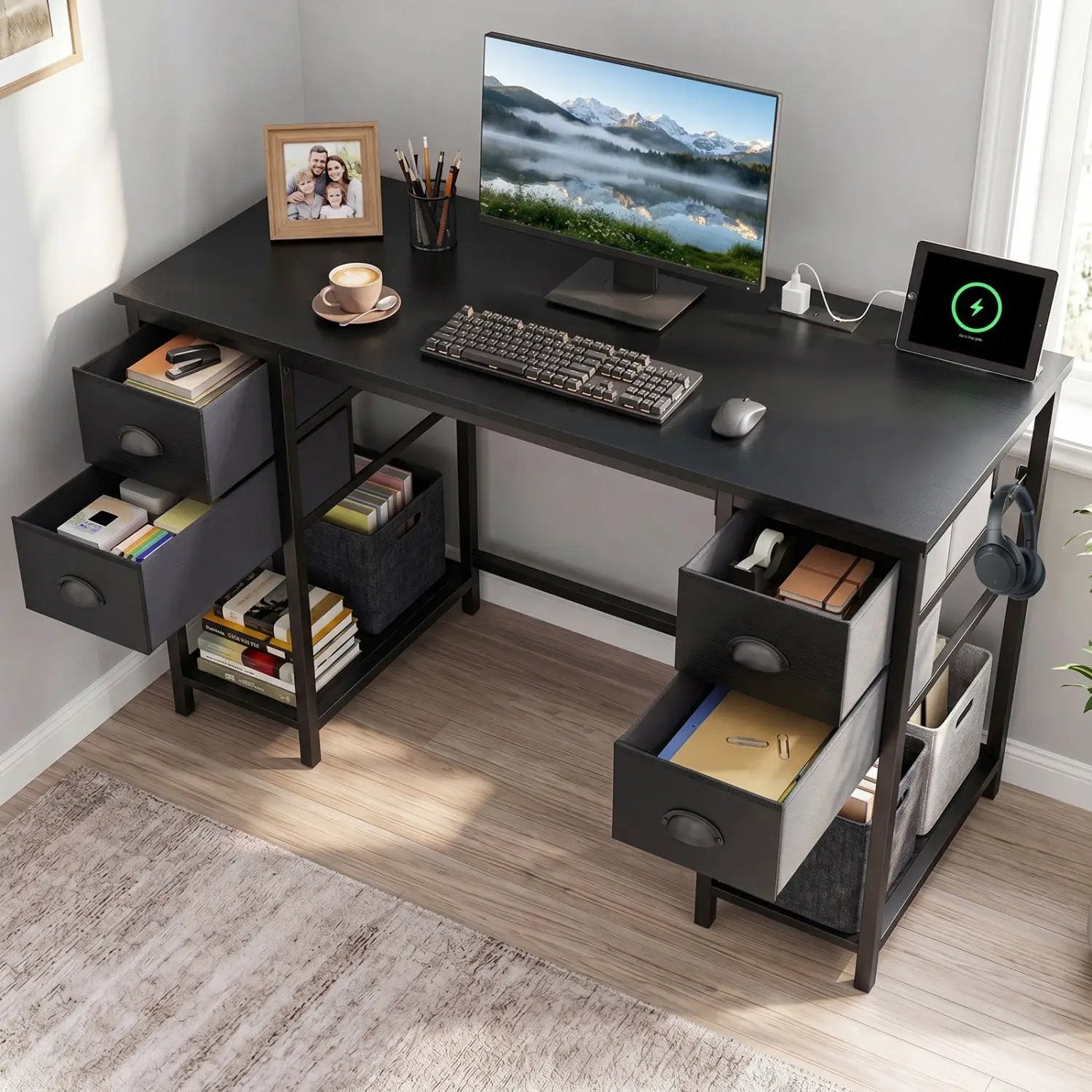 48-Inch Computer Desk with Power Outlet & 4 Fabric Drawers by DirectDeals