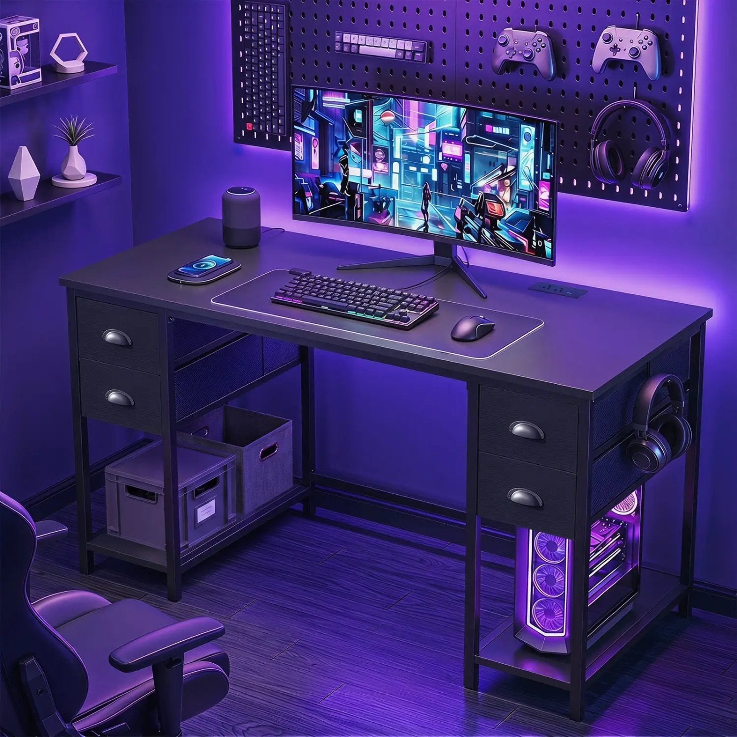 48-Inch Computer Desk with Power Outlet & 4 Fabric Drawers by DirectDeals