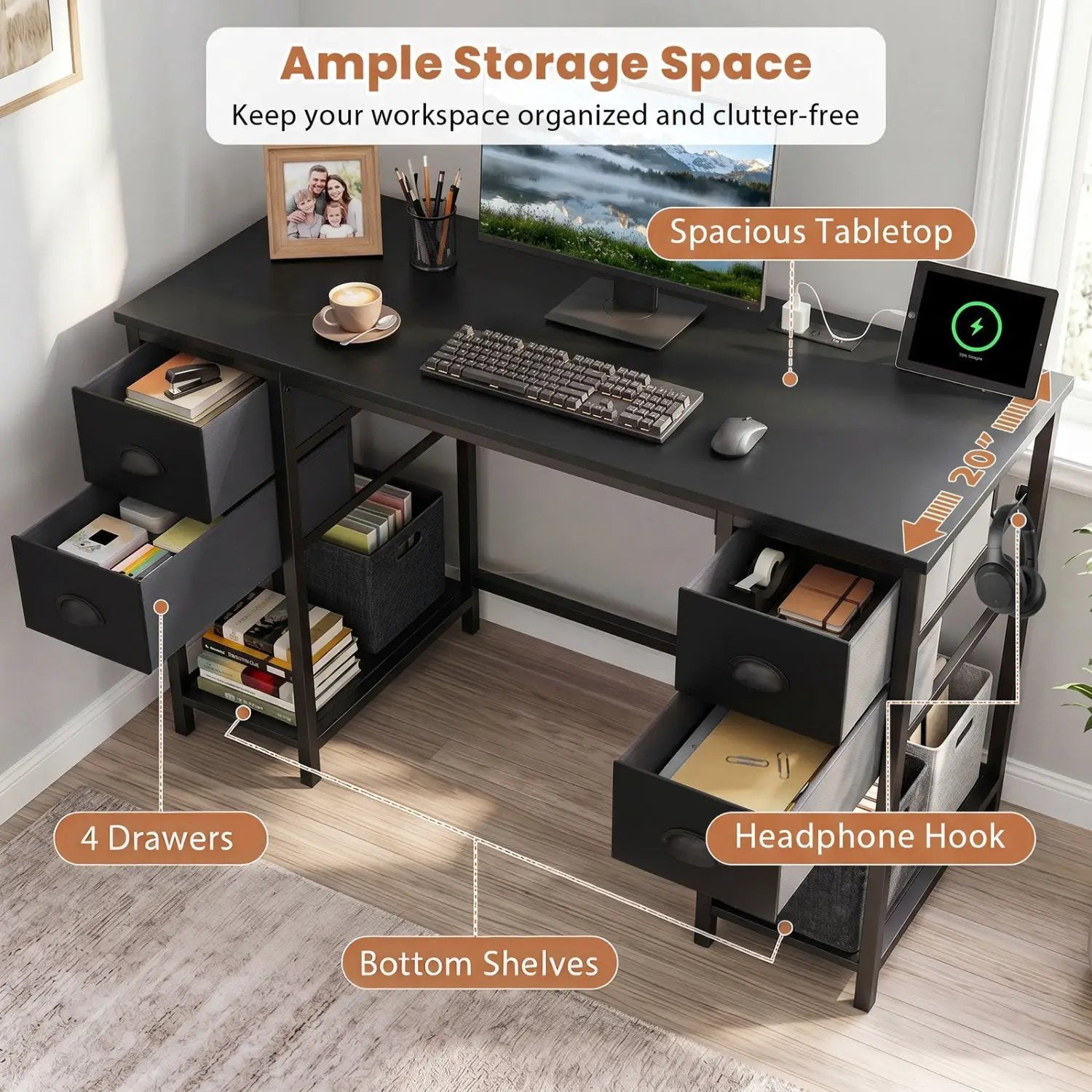 48-Inch Computer Desk with Power Outlet & 4 Fabric Drawers by DirectDeals