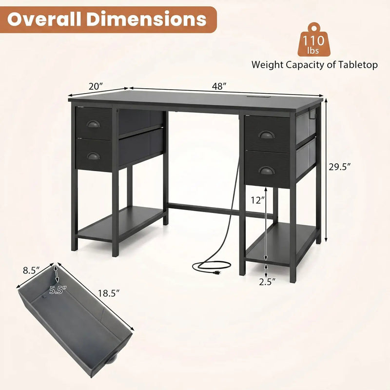 48-Inch Computer Desk with Power Outlet & 4 Fabric Drawers by DirectDeals