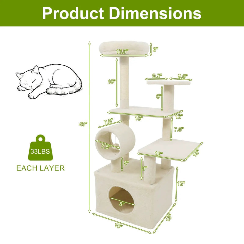 48 Inches Tall Cat Tree Multi-Level Kitten Tower with Large Condo Padded Top Perch by DirectDeals