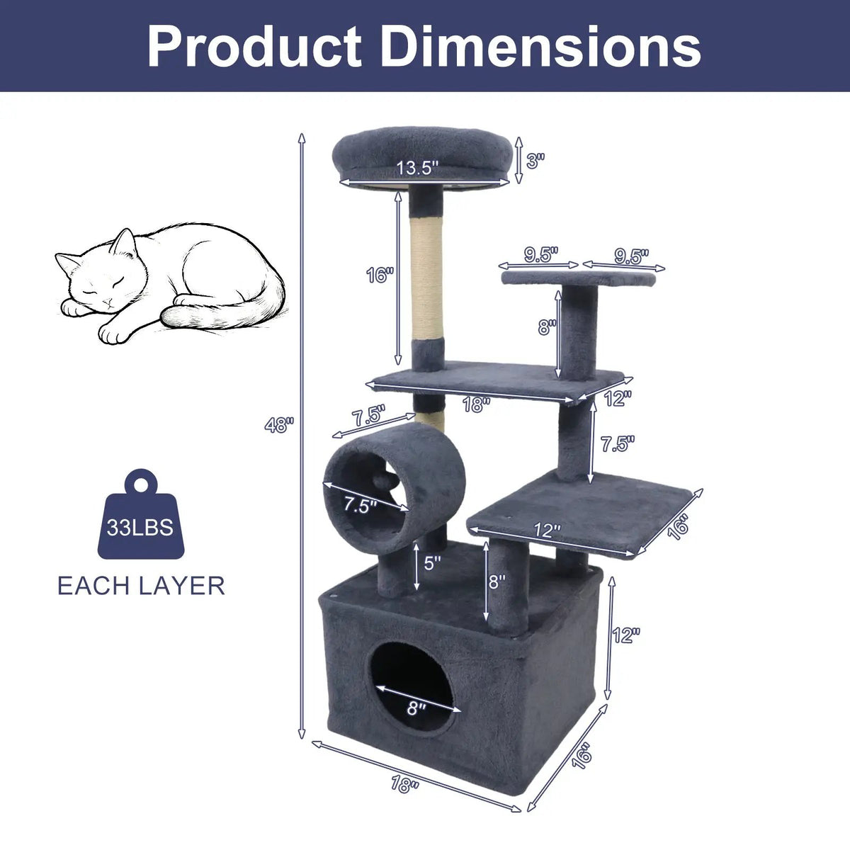 48 Inches Tall Cat Tree Multi-Level Kitten Tower with Large Condo Padded Top Perch, photo 15 of 24
