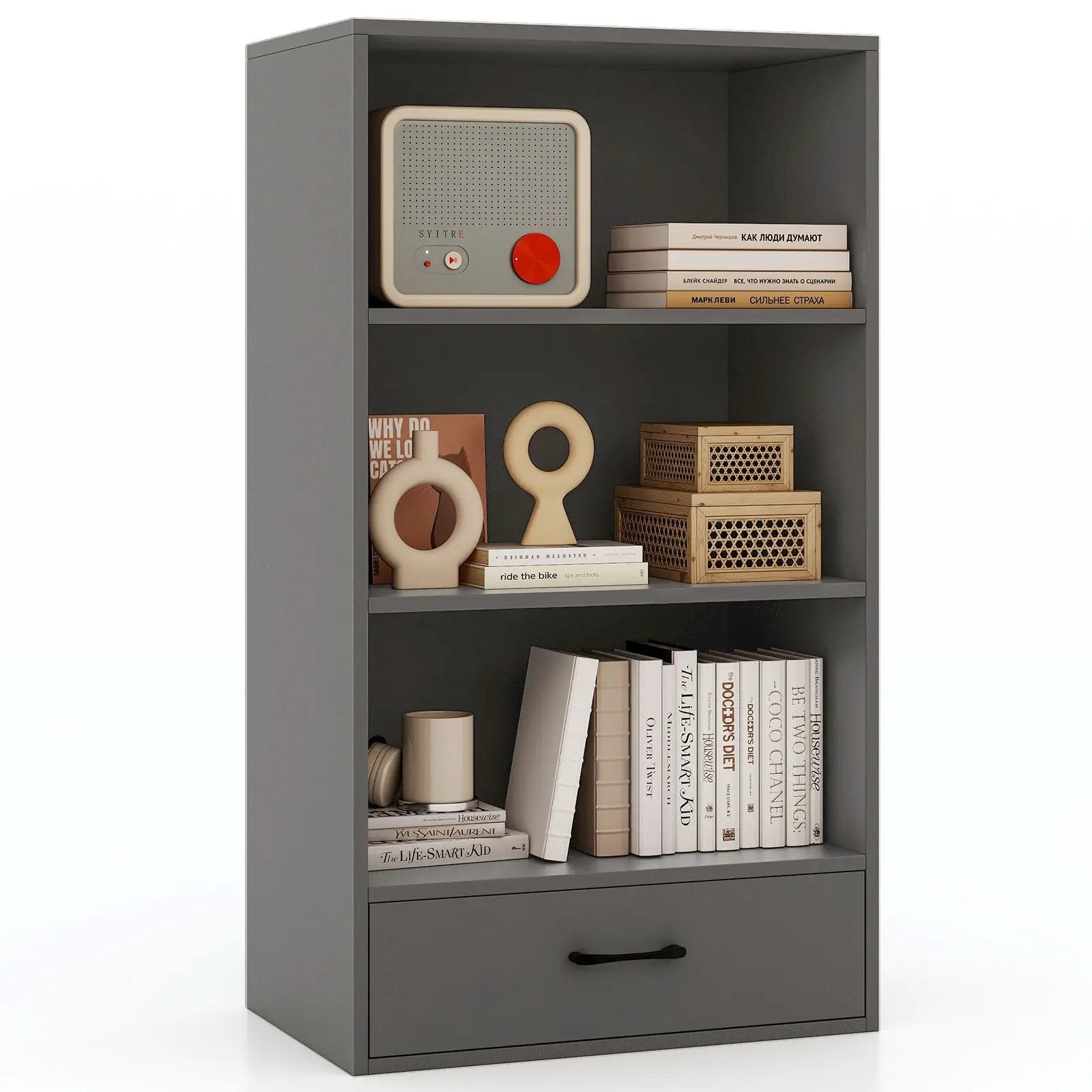 48 Inch Tall 4 Tiers Wood Bookcase with Drawer-Gray by DirectDeals