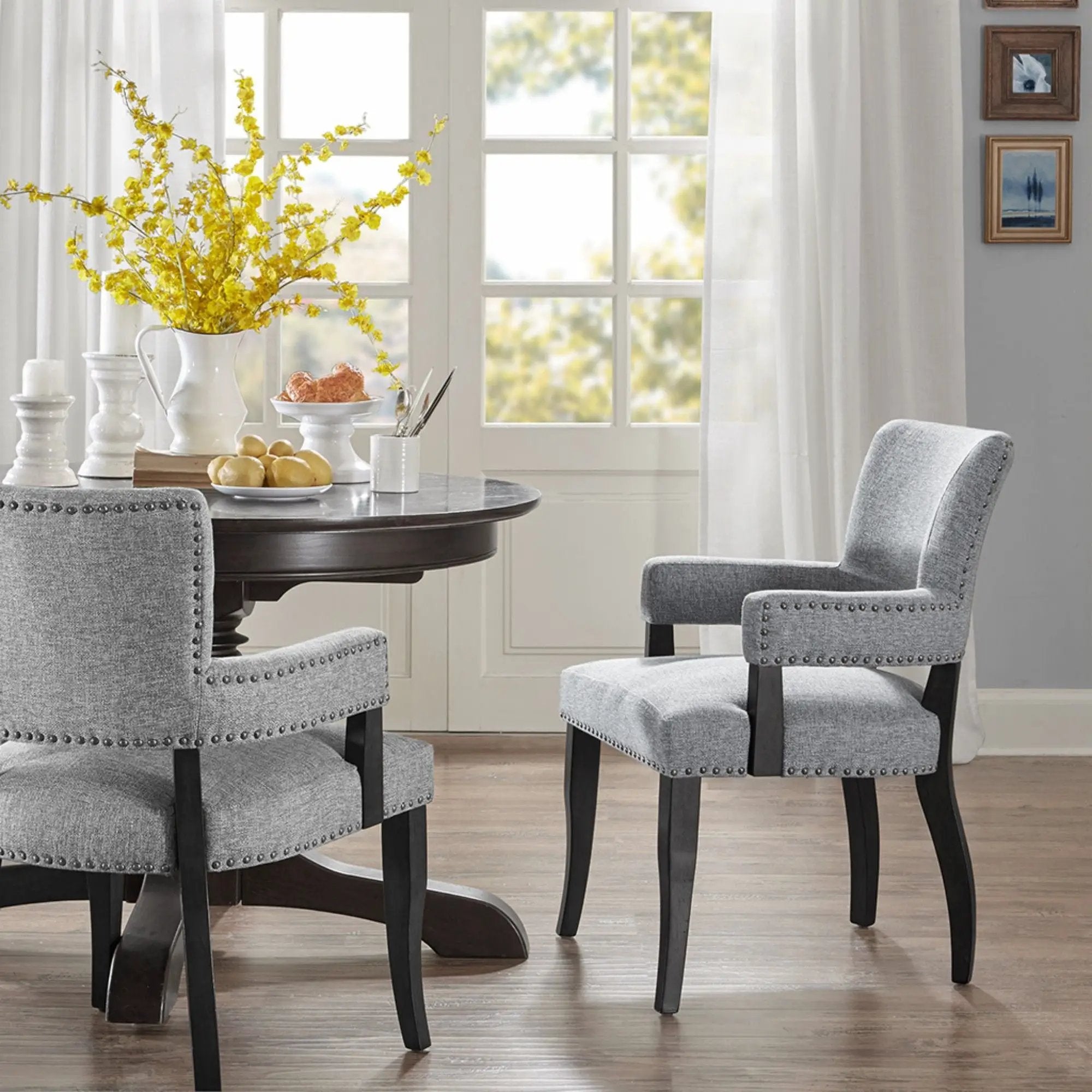 Elegant Arm Dining Chair With Brass Nail Head Detailing by Unique Piece Furniture