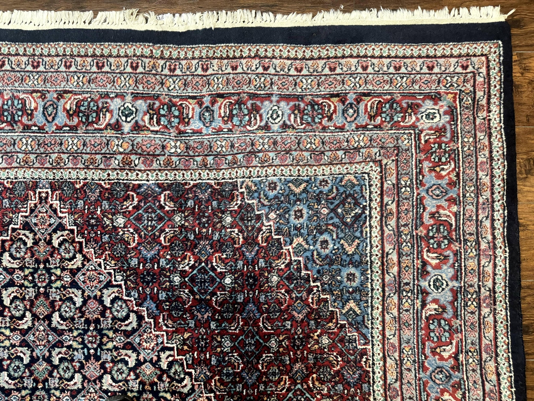 Indo Persian Bidjar Rug 8x11, Herati Mahi Pattern, Red Navy Blue, Handmade Vintage Wool Carpet by Jewel Rugs