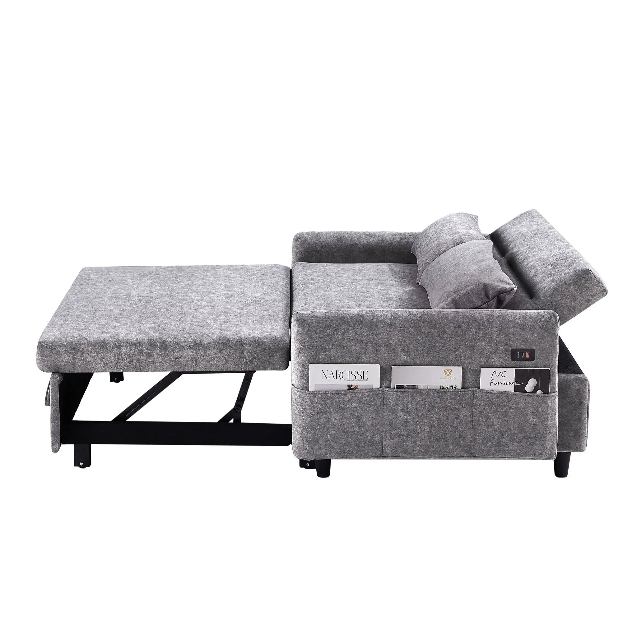 Pull Out Sleep Sofa Bed Loveseats Sofa Couch With Adjsutable Backrest, Storage Pockets, 2 Soft Pillows, USB Ports For Living Room, Bedroom, Apartment, Office by HouseOfZazla