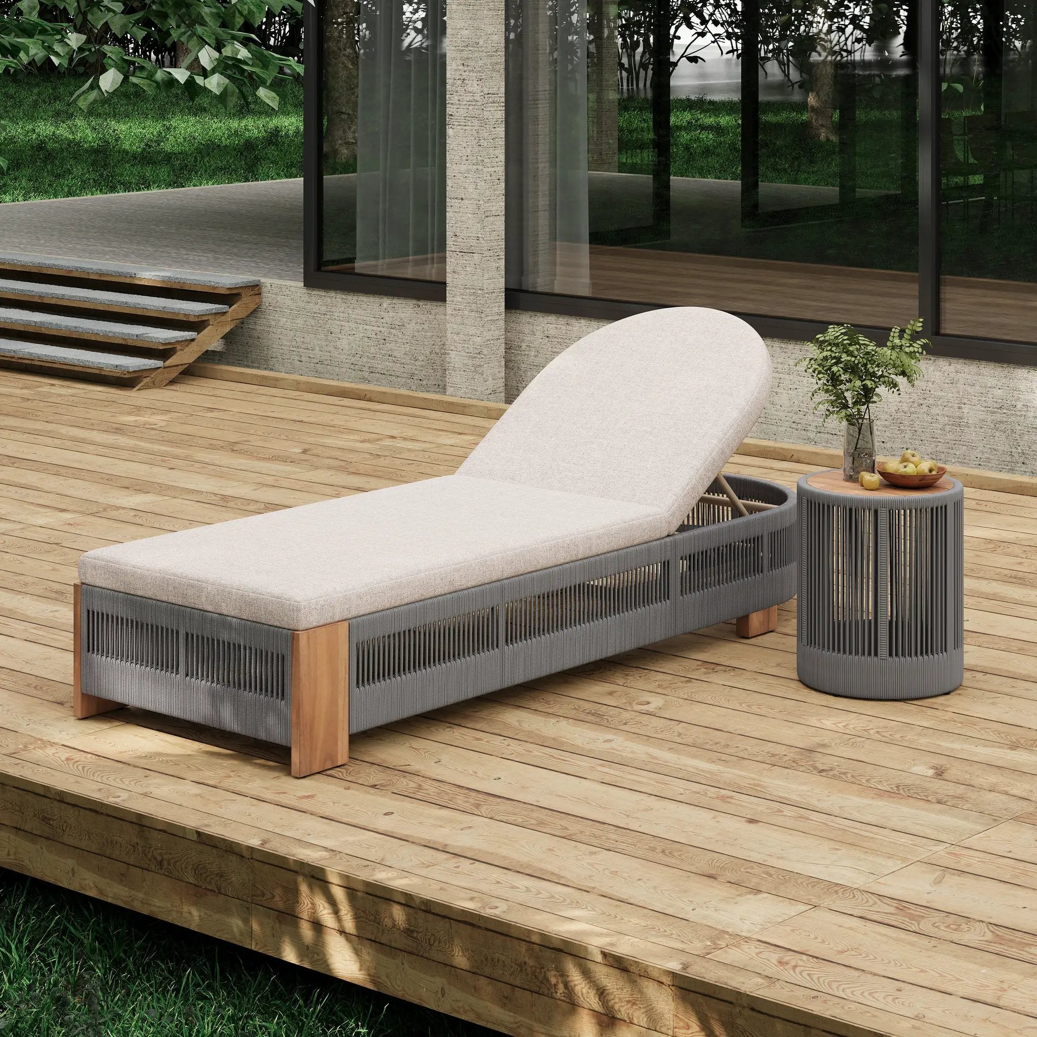 Outdoor Rope Chaise Lounge Set with Teak Look Side Table by HouseOfZazla