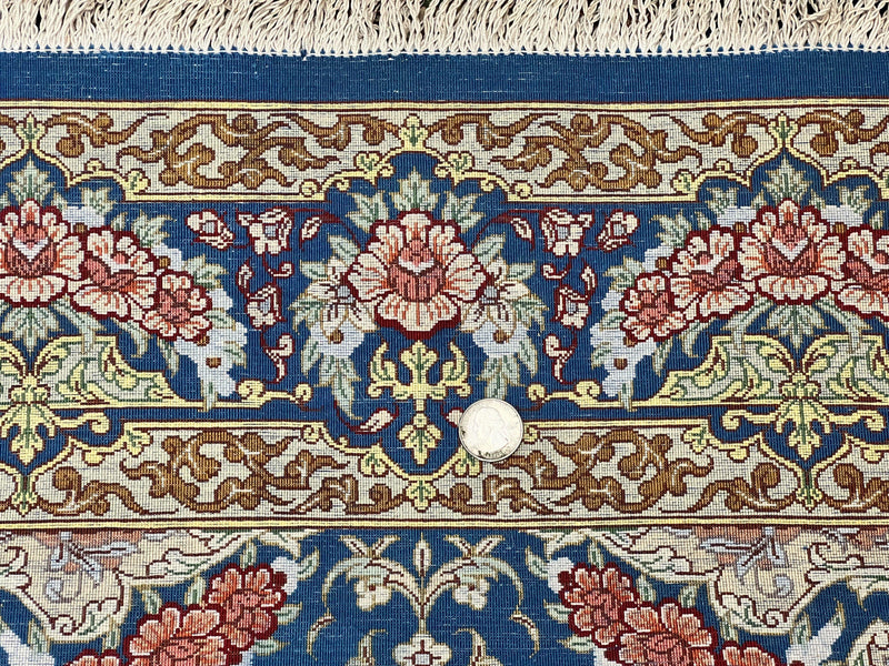 Magnificent Persian Qum Silk Rug 3x5, Blue, Super Fine 675 KPSI - 70 Raj, Floral Roses, Handmade Vintage Silk Carpet, Masterpiece by Jewel Rugs