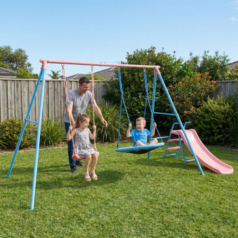 Xns107 - 2 Swing Set With Slide For Outdoor - Blue / Pink by HouseOfZazla