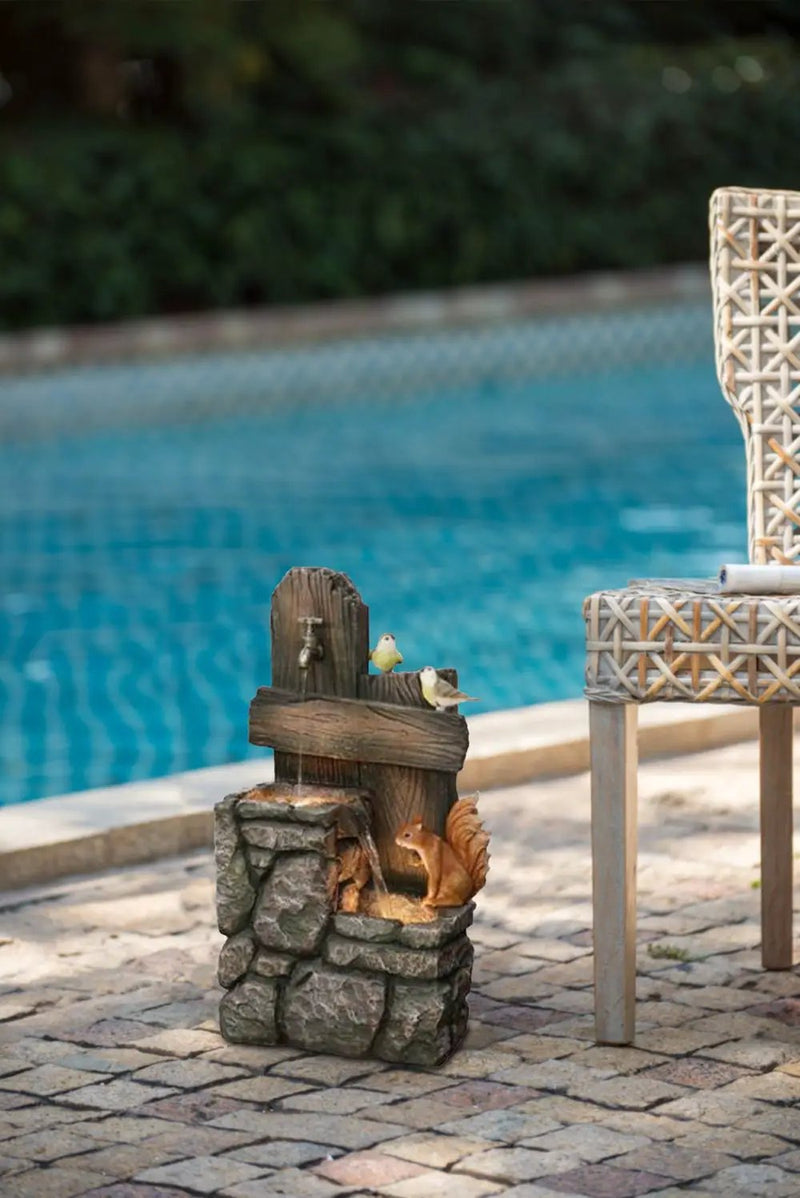 Decorative Two Tiered Water Fountain With Woodland Animal Design, Outdoor Fountain With Light And Pump - Multi by HouseOfZazla