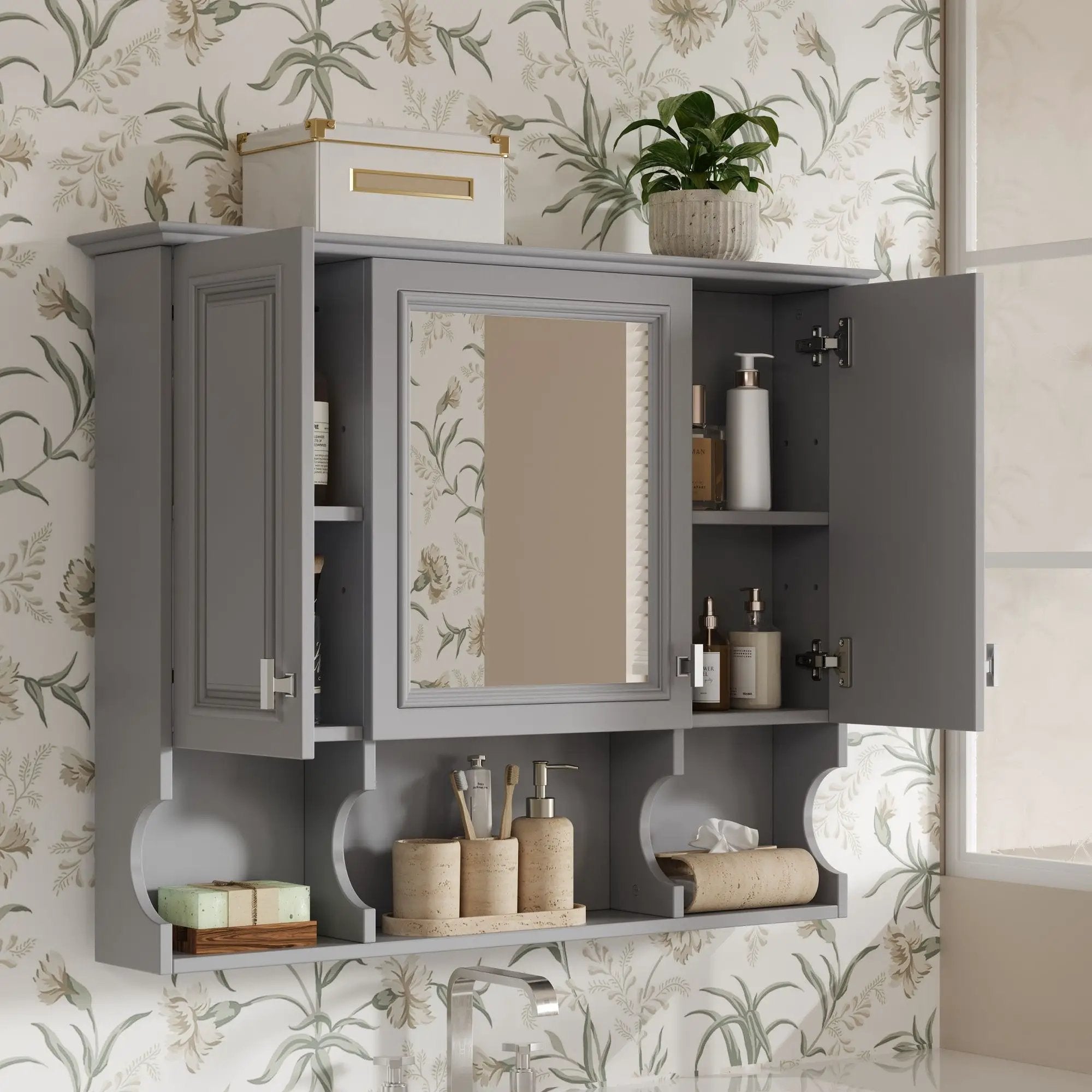 Wall Mounted Bathroom Medicine Wall Cabinet With Mirror & Open Shelves by Unique Piece Furniture