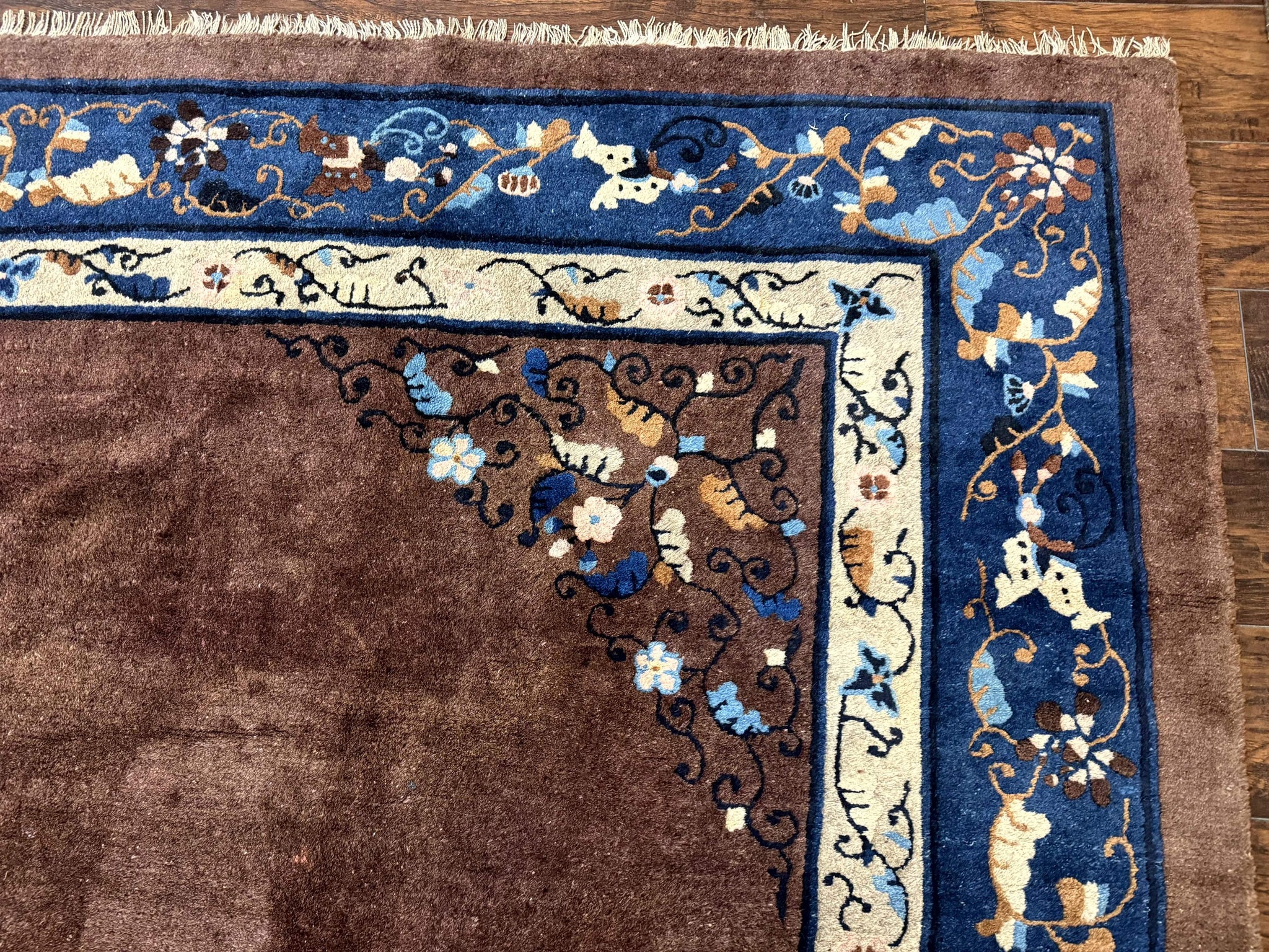Antique Chinese Wool Rug 9x11, Large Chinese Art Deco Rug, Peking Rug, Brown and Blue, Open Field, Fete Rug by Jewel Rugs