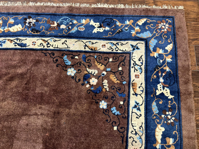 Antique Chinese Wool Rug 9x11, Large Chinese Art Deco Rug, Peking Rug, Brown and Blue, Open Field, Fete Rug by Jewel Rugs