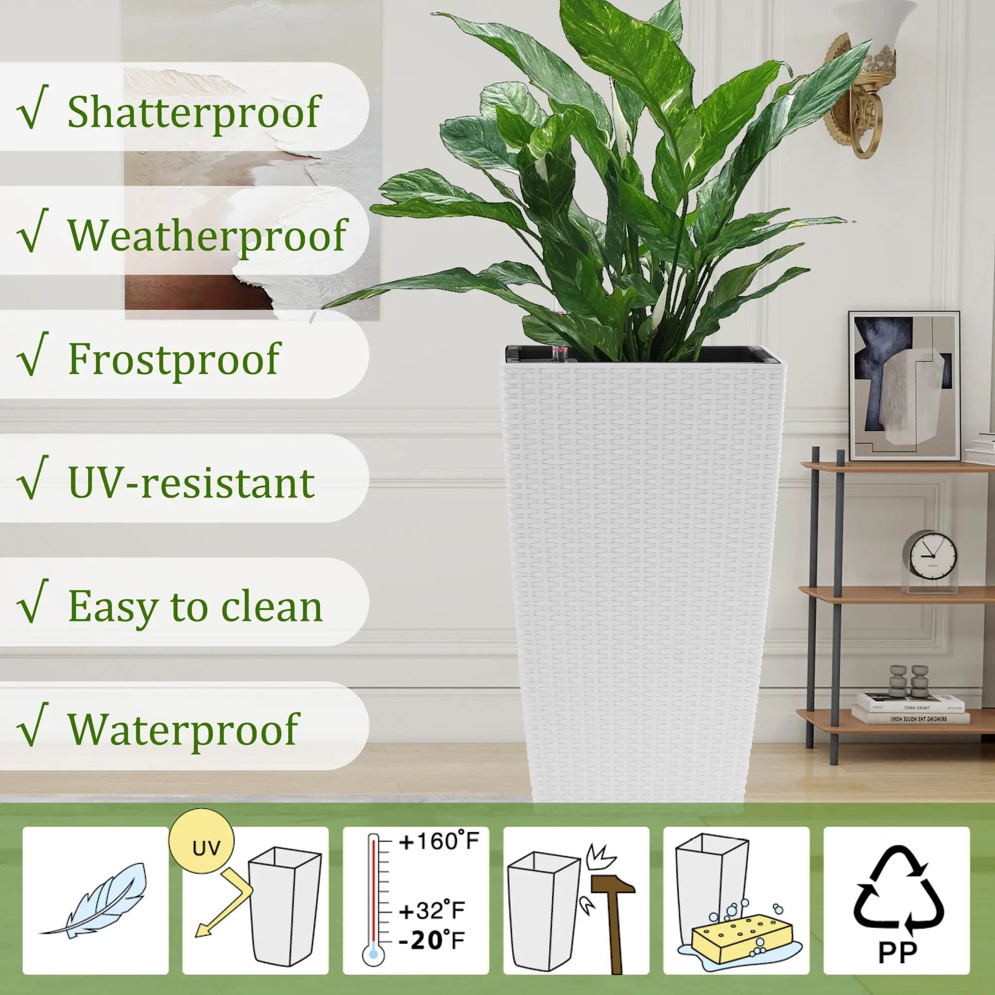 Indoor/Outdoor Modern Faux Rattan Design Square Planter, 22.6 inch White Plastic Large Planter with Automatic Watering System for Home and Garden (White, 22.6 inch - 2 Pack) by HouseOfZazla