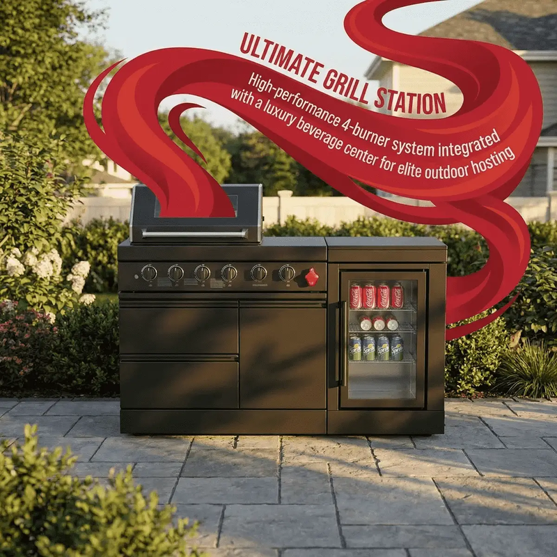 65" 4-Burner 72,000 BTU Black Outdoor Kitchen Island Grill Marble Countertops Wine Cooler by Chery Industrial
