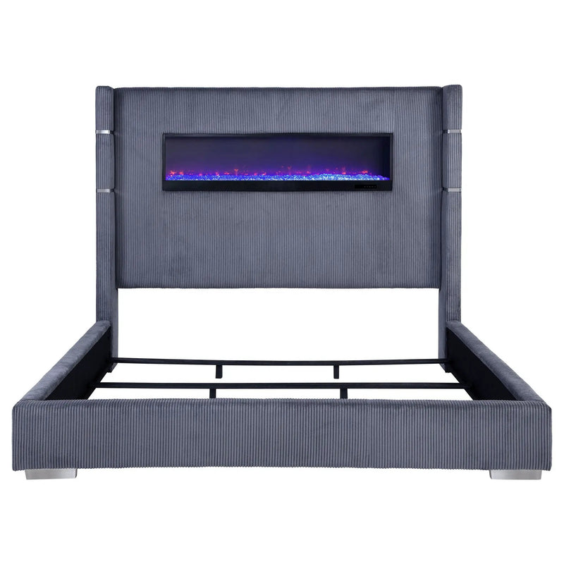 Tisdall Upholstered Eastern King Flame Visualizer Bed Grey by Unique Piece Furniture
