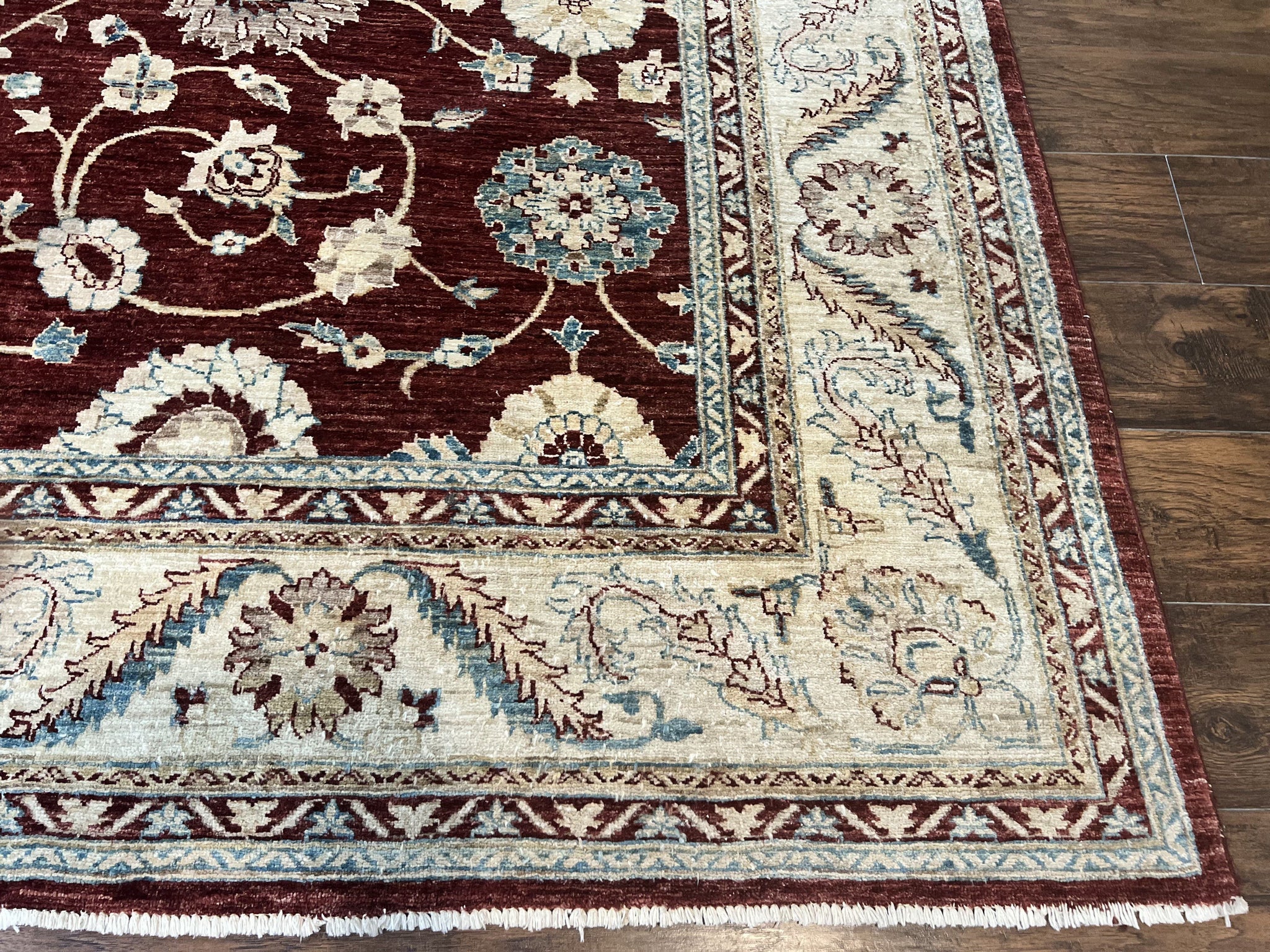 Peshawar Rug 9x11, Pakistani Oriental Carpet, Maroon and Beige, Floral Allover, Wool Hand Knotted Handmade Vintage Rug by Jewel Rugs