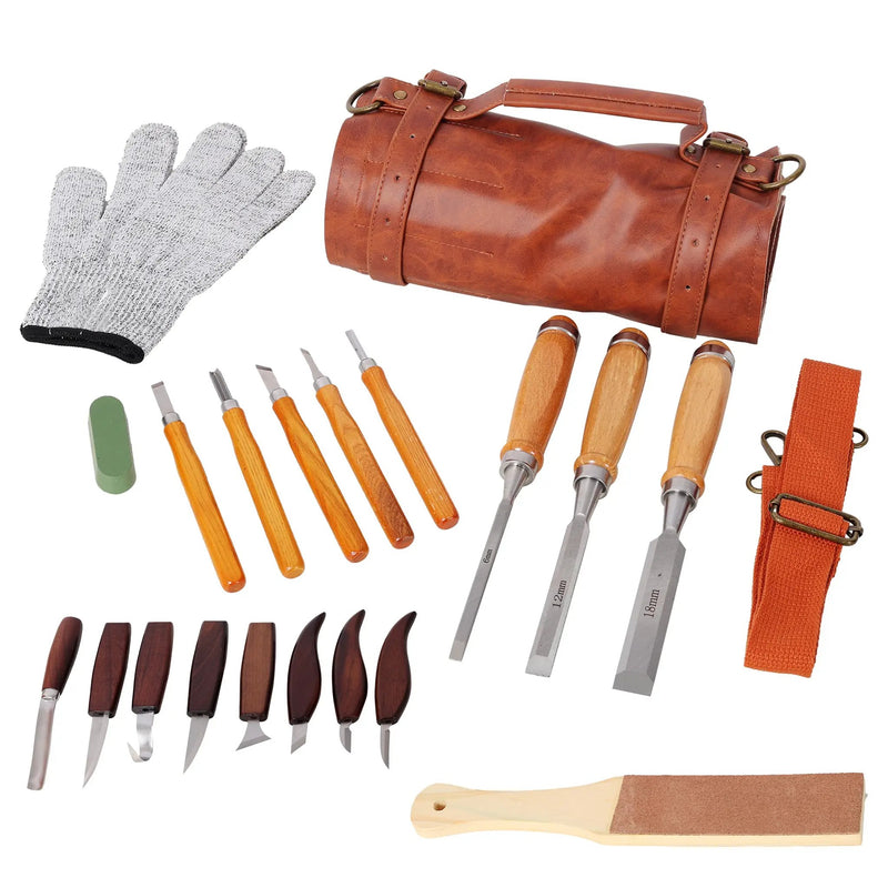 20 Pcs Wood Carving Tools Set with PU Leather Storage Roll Bag by HouseOfZazla