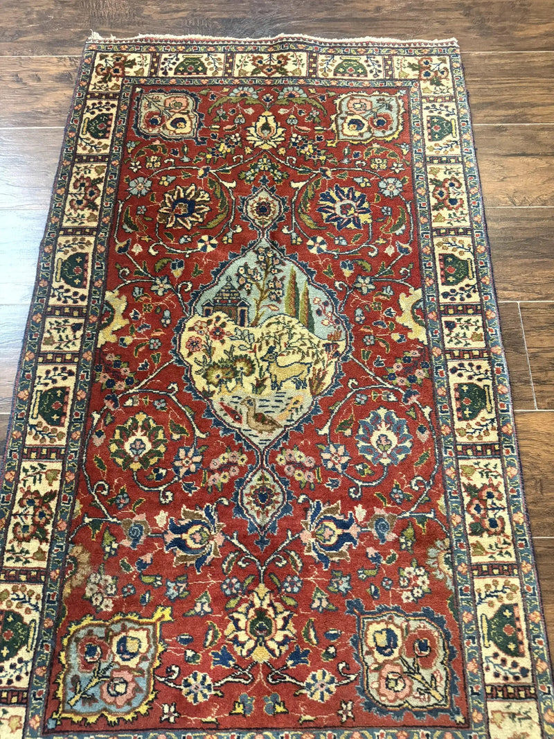 Small Persian Tabriz Rug 2.8 x 4.7, Red, Animal Pictorials, Semi Antique Vintage by Jewel Rugs