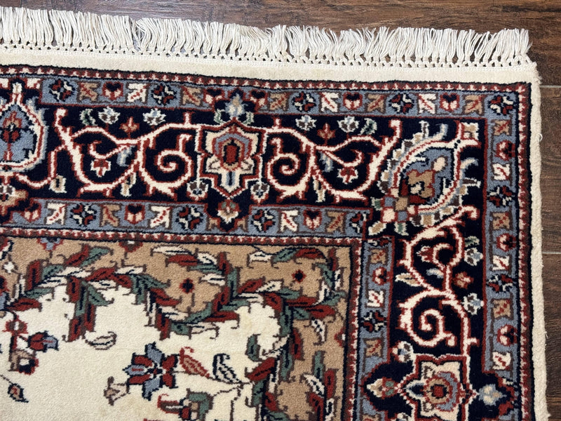 Indian Kashmiri Rug 4x6, Ivory Beige Navy Blue, Traditional Indo Persian Rug by Jewel Rugs