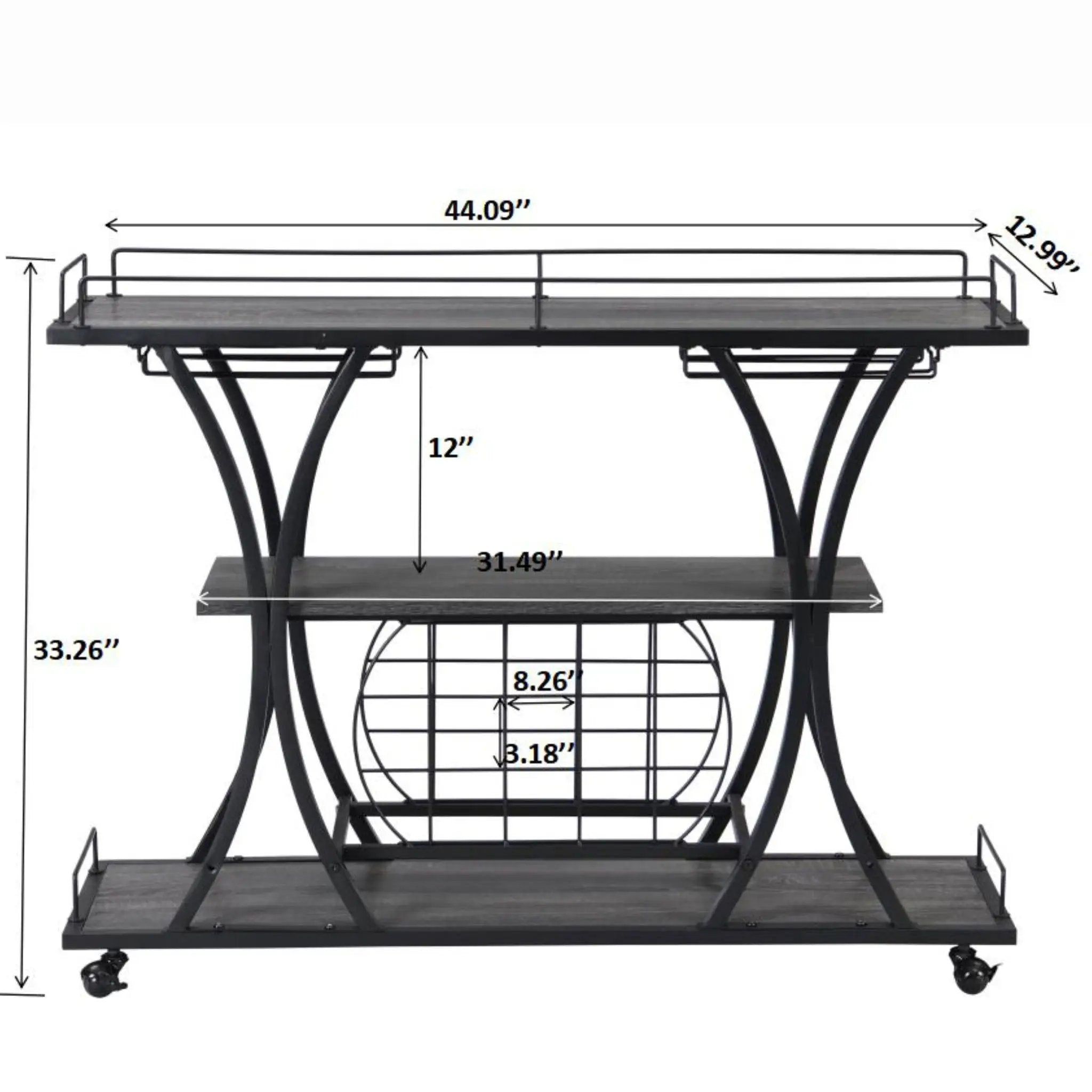 Industrial Bar Cart Kitchen Bar & Serving Cart For Home With Wheels 3 Tier Storage Shelves - Black / Gray by Unique Piece Furniture