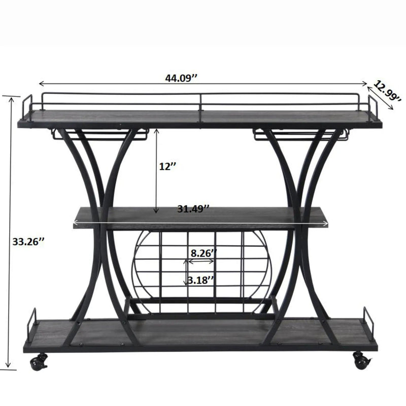 Industrial Bar Cart Kitchen Bar & Serving Cart For Home With Wheels 3 Tier Storage Shelves - Black / Gray by HouseOfZazla