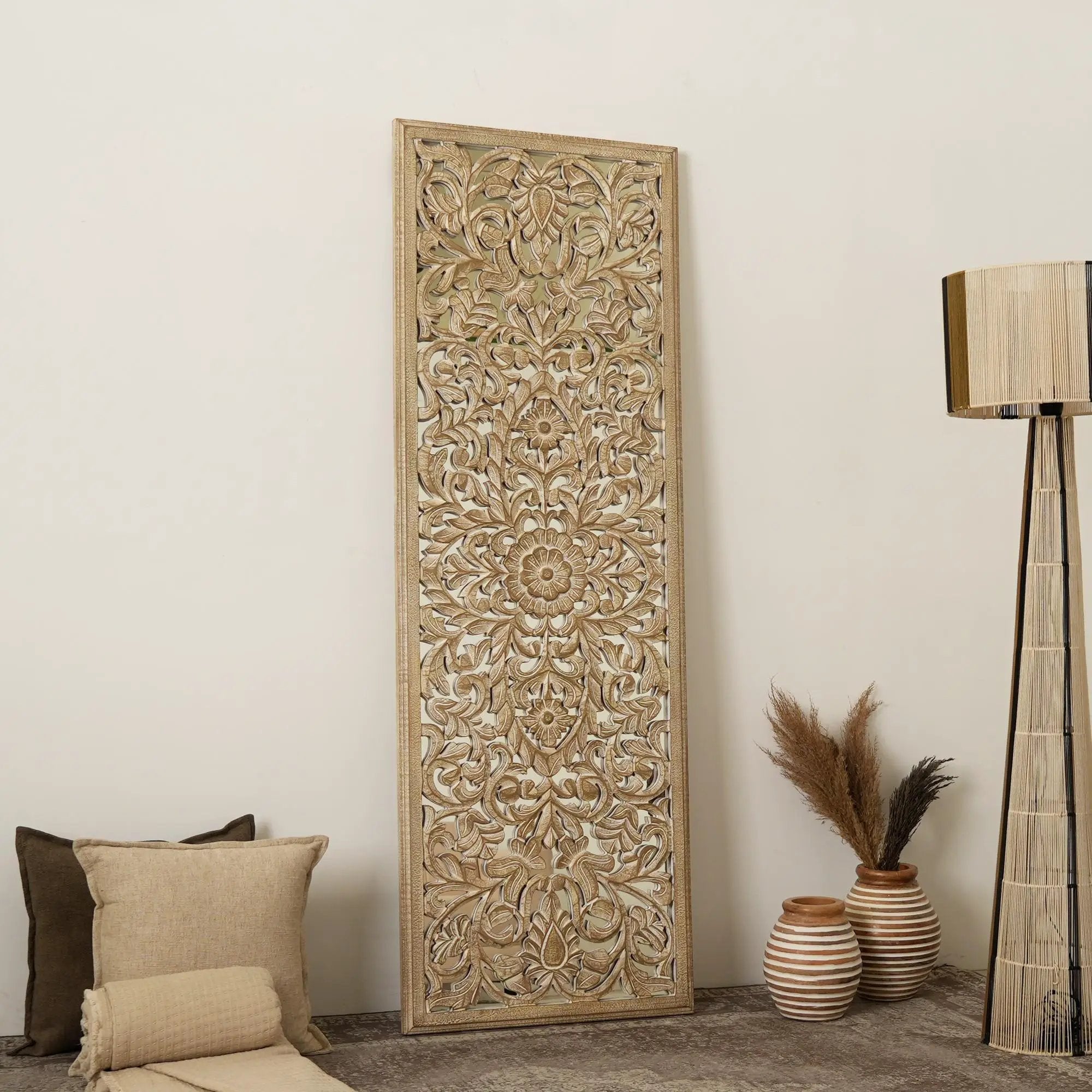 Floral Hand Carved Mandala Rectangle Wall Decor With Mirror - Antique Brown / White by Unique Piece Furniture