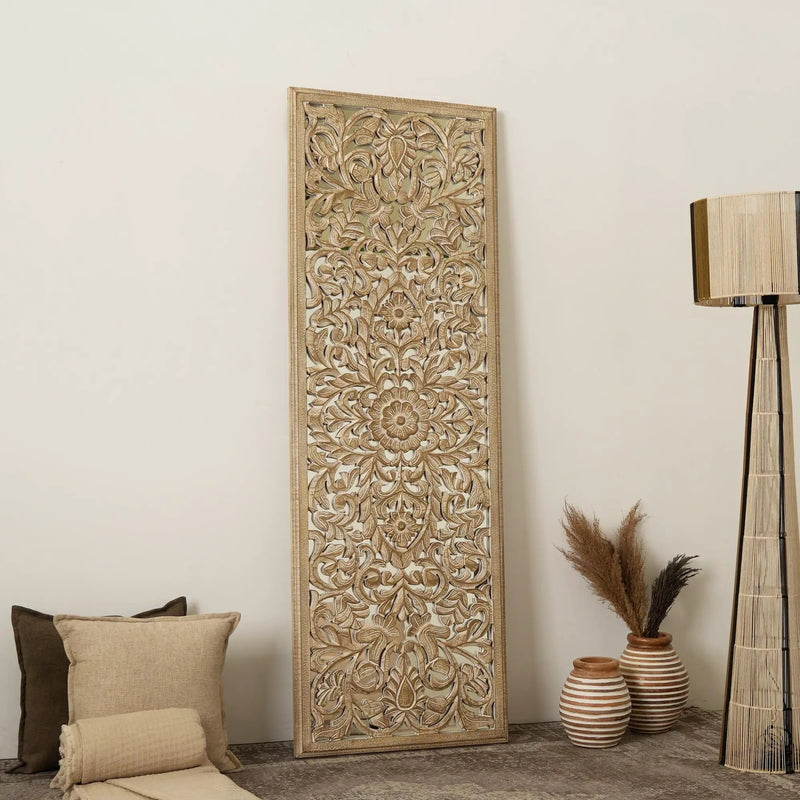 Floral Hand Carved Mandala Rectangle Wall Decor With Mirror - Antique Brown / White by Unique Piece Furniture