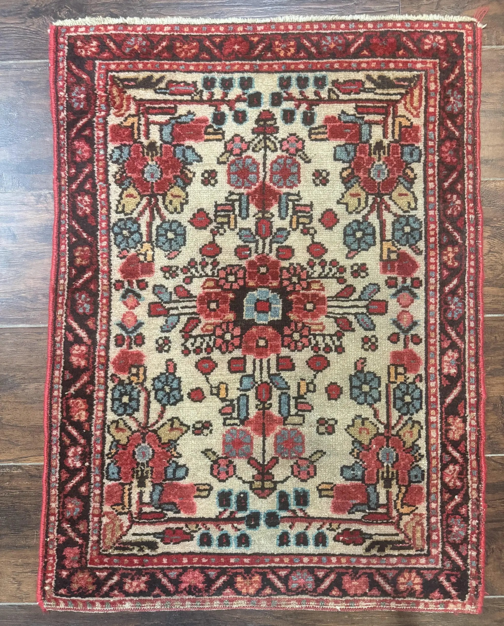 Small Antique Persian Rug 2x3, Beige and Red, Floral, Wool, Hamadan Rug by Jewel Rugs