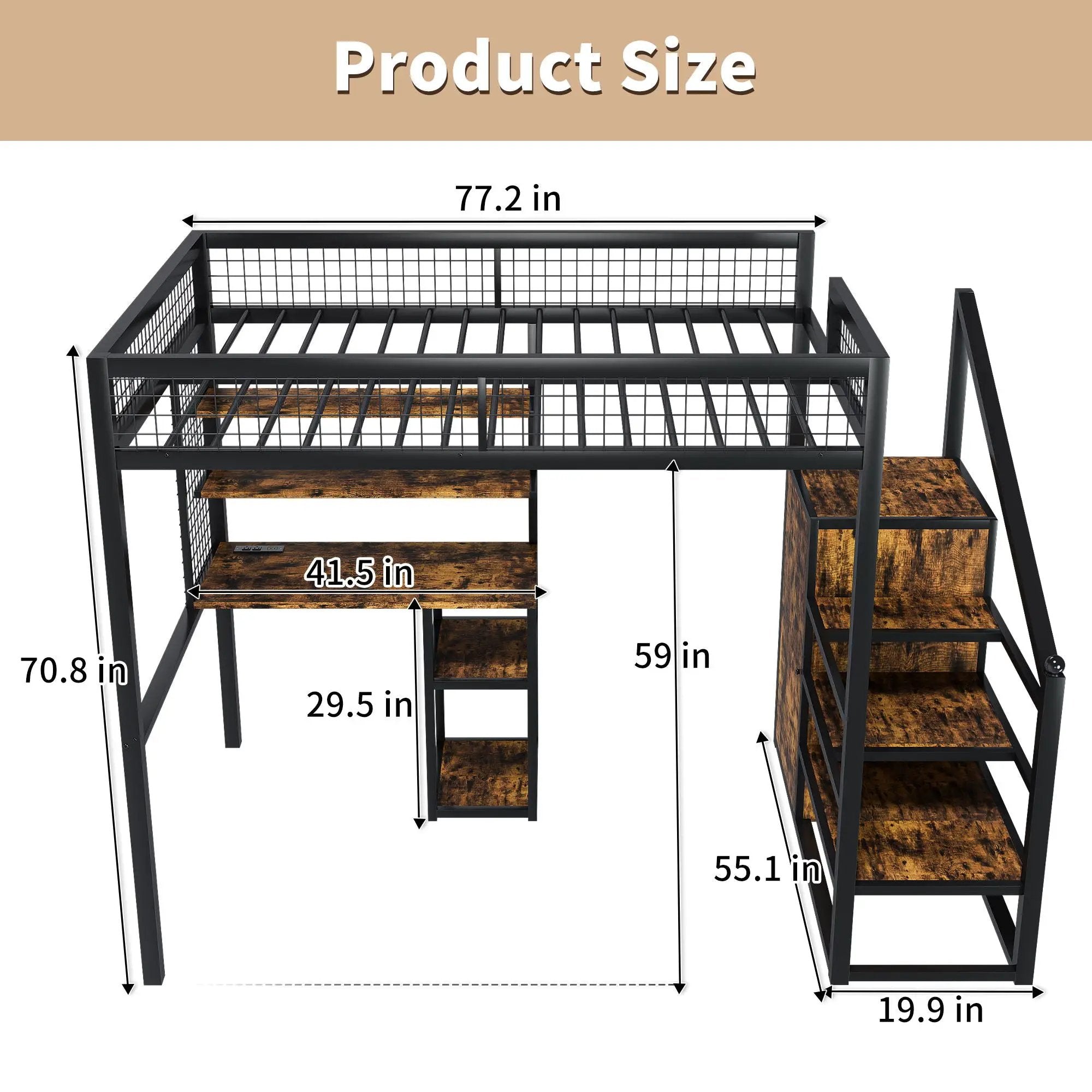 Full Size Loft Bed With Desk & Wardrobe Heavy Frame, Built In Staircase, Storage Rack & Shelves Gaming Bed - Black by HouseOfZazla