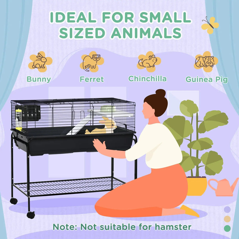 Pawhut - Two-Story Small Animal Cage Removable From Stand, Guinea Pig Cage, Hedgehog Cage, Chinchilla Cage, Ferret, With Shelf & Wheels, Pet Habitat - Black by HouseOfZazla