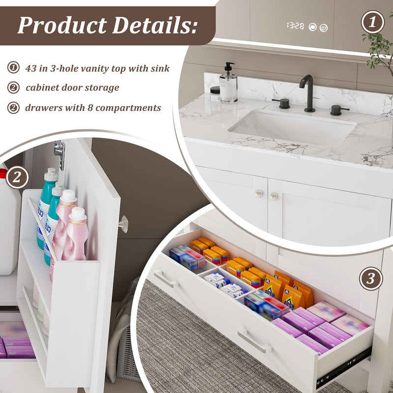 43" Bathroom Vanity With Artificial Marble Carrara Top Set, Multi Functional Bathroom Cabinet With Doors And Drawer - White by HouseOfZazla