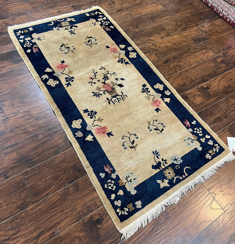 Antique Chinese Peking Rug 3x6, Beige and Dark Blue Hand Knotted Handmade Asian Oriental Carpet, Floral Vases, Vintage Wool Art Deco Rug by Jewel Rugs