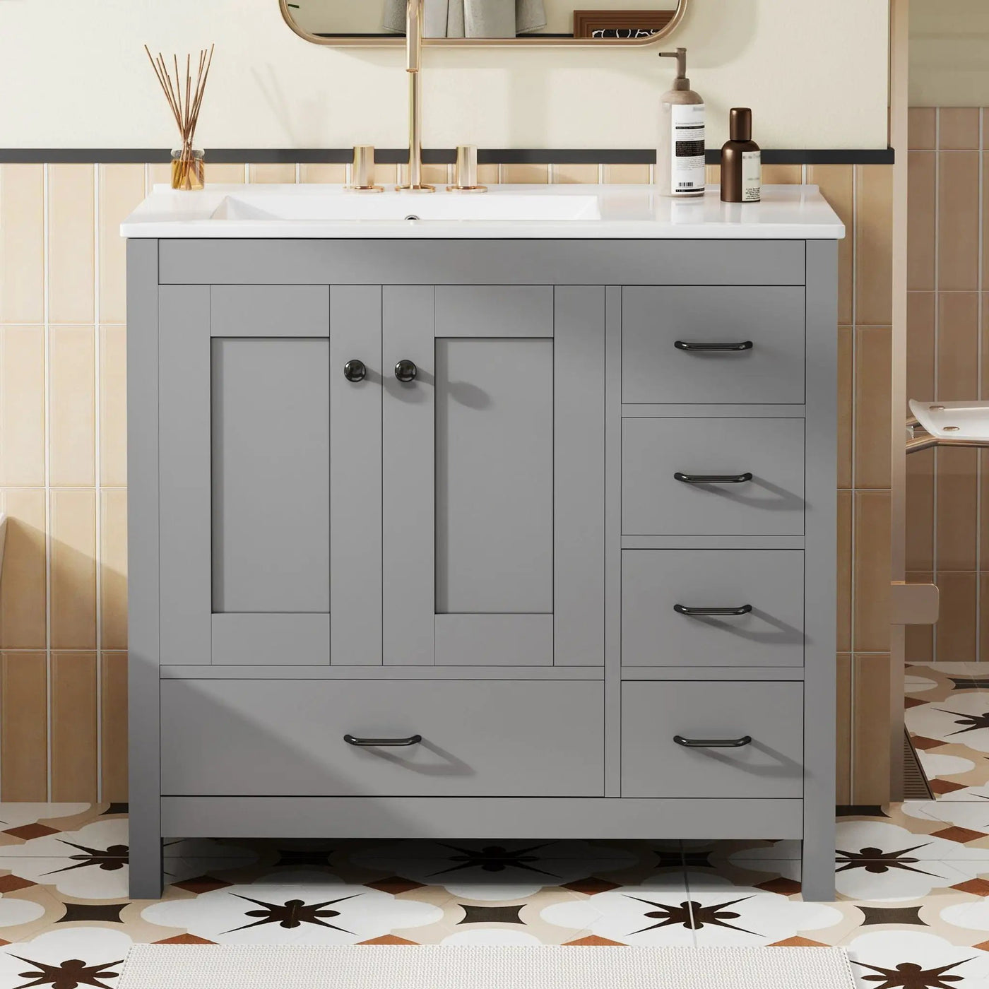 Bathroom Vanity With Ceramic Sink Combo, Abundant Storage Cabinet 2 Soft Close Doors And 5 Drawers by Unique Piece Furniture