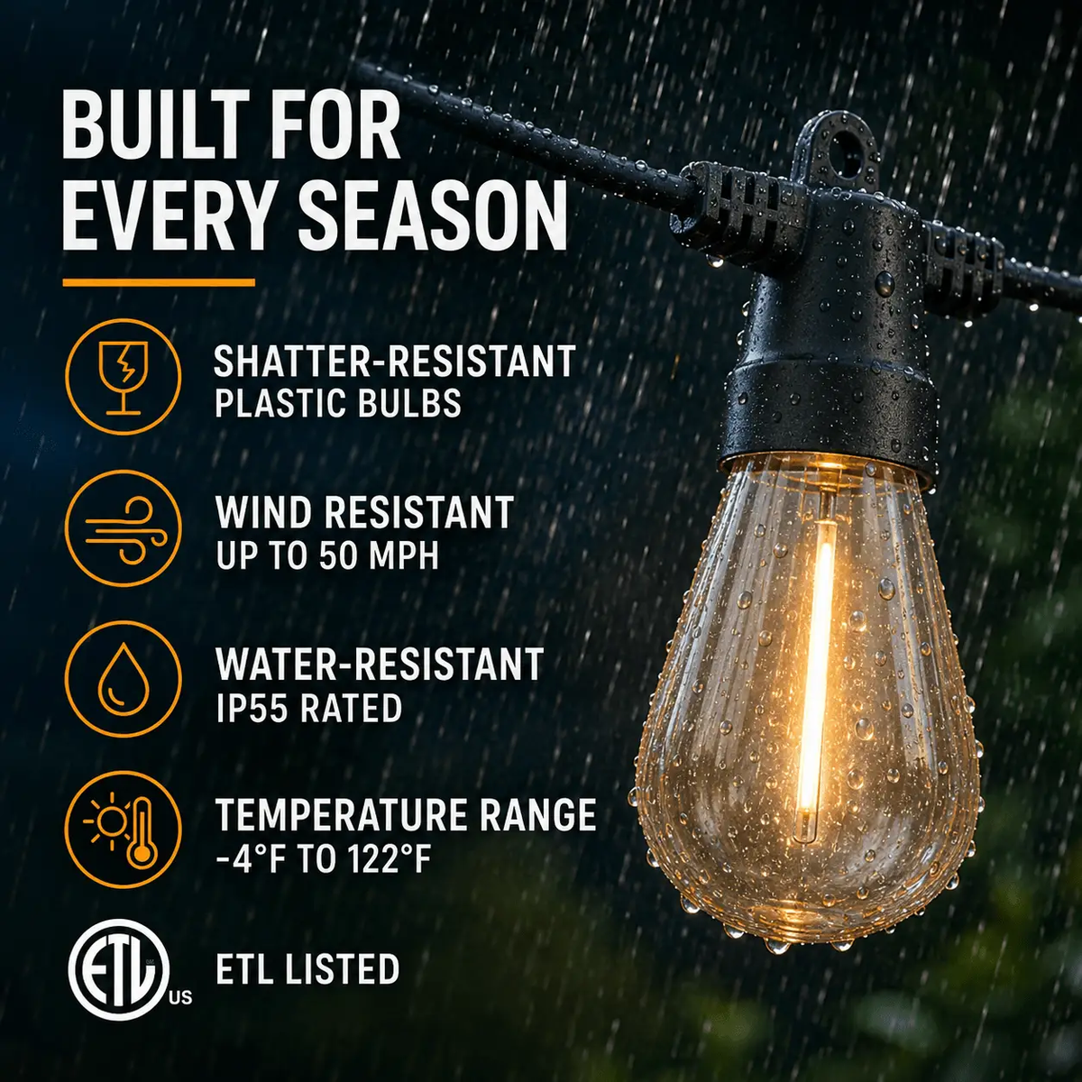 48Ft Solar Powered String Lights Waterproof LED Hanging Edison Bulb Lights with 15 Bulbs by Outdoor Solar Outlet
