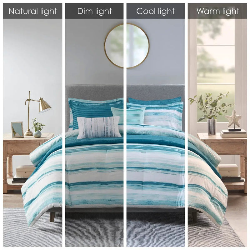 8 Piece Printed Seersucker Comforter and Quilt Set Collection Aqua Full/Queen by HouseOfZazla