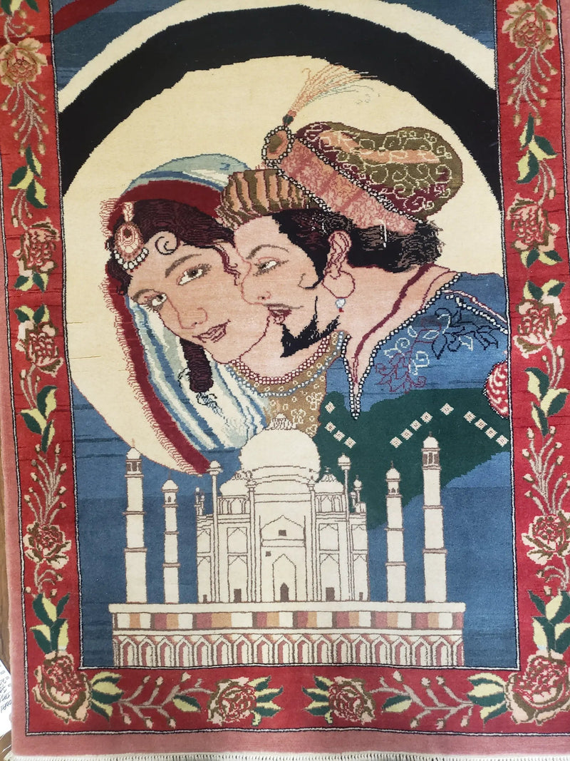Vintage Small Pictorial Lovers Rug 2.5 x 4, Taj Mahal Indo Persian Rug, Wool Hand-Knotted Indian Rug, King & Queen, Layla and Majnun by Jewel Rugs