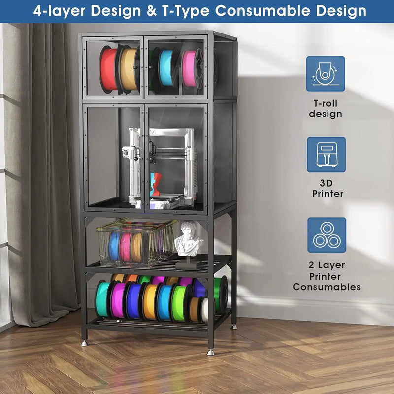 3D Printer Cabinet With Double Layer Filament Storage, Noise Reducing Design - Black by Unique Piece Furniture